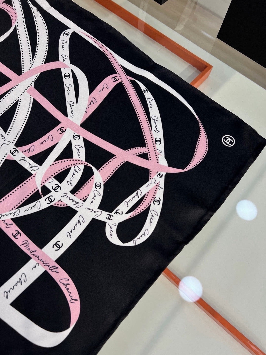 Chanel Style Ribbon and Chain Print Silk Scarf - Pink Black - Detail Image 4