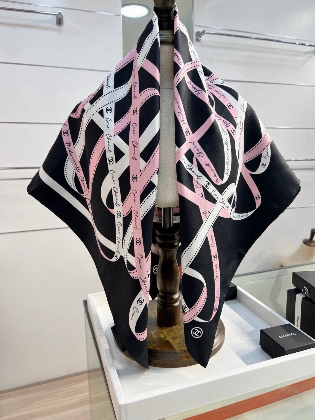Chanel Style Ribbon and Chain Print Silk Scarf - Pink Black - Detail Image 5