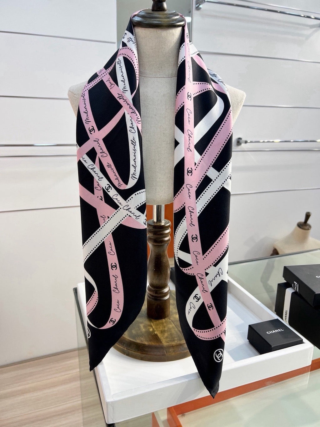 Chanel Style Ribbon and Chain Print Silk Scarf - Pink Black - Detail Image 7