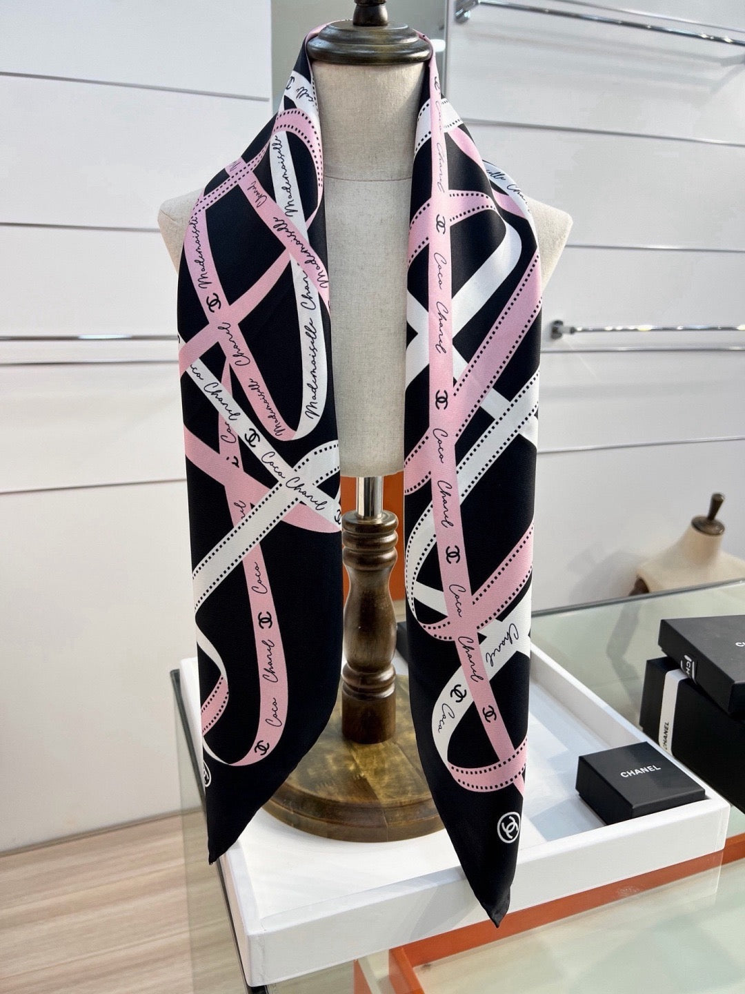 Chanel Style Ribbon and Chain Print Silk Scarf - Pink Black - Detail Image 7