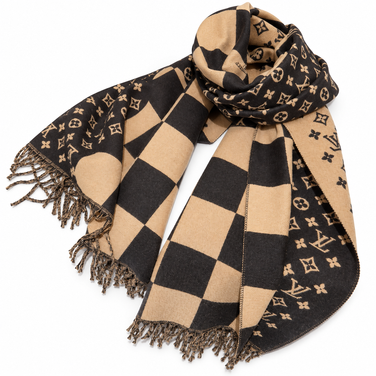 Louis Vuitton Style Checkerboard Monogram Scarf in Camel