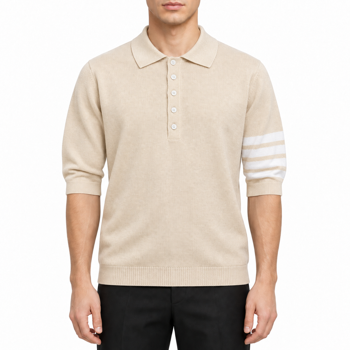 Four-Bar Polo Collar Short Sleeve Shirt by Thom Browne, modeled on a pure white background