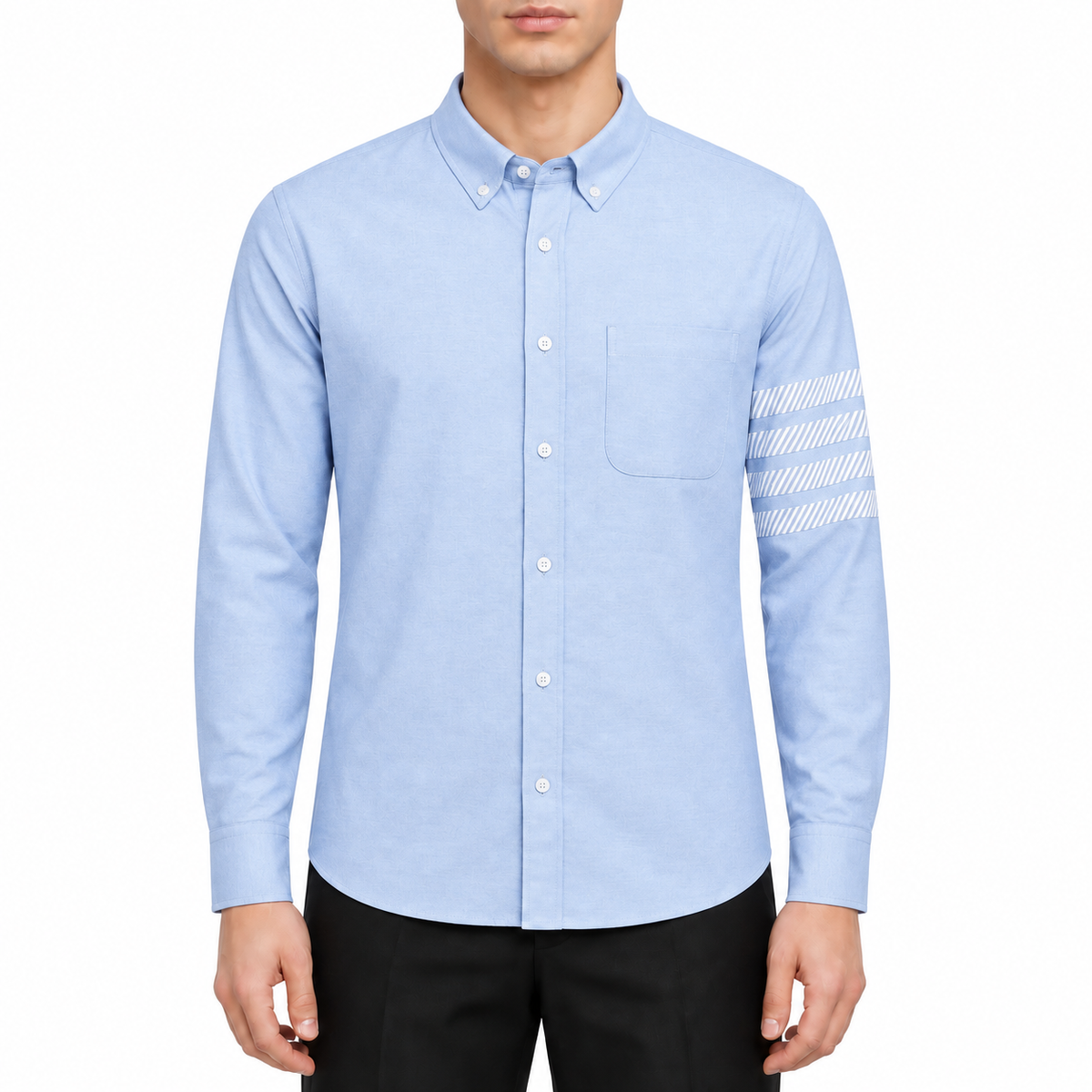 Men's 4-Bar shirts by Thom Browne, modeled on a pure white background