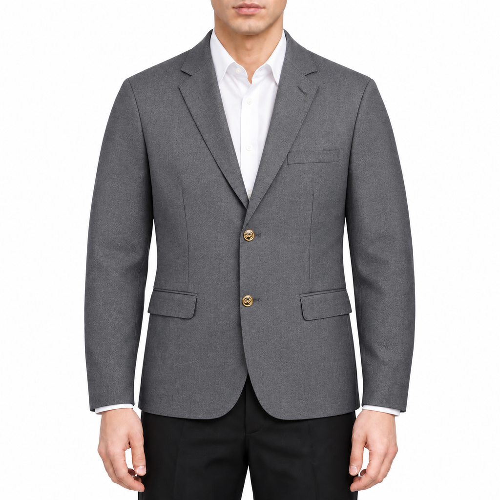 Casual Wool Suit Jacket - Front Zip Closure - Signature Detail by Thom Browne, modeled on a pure white background