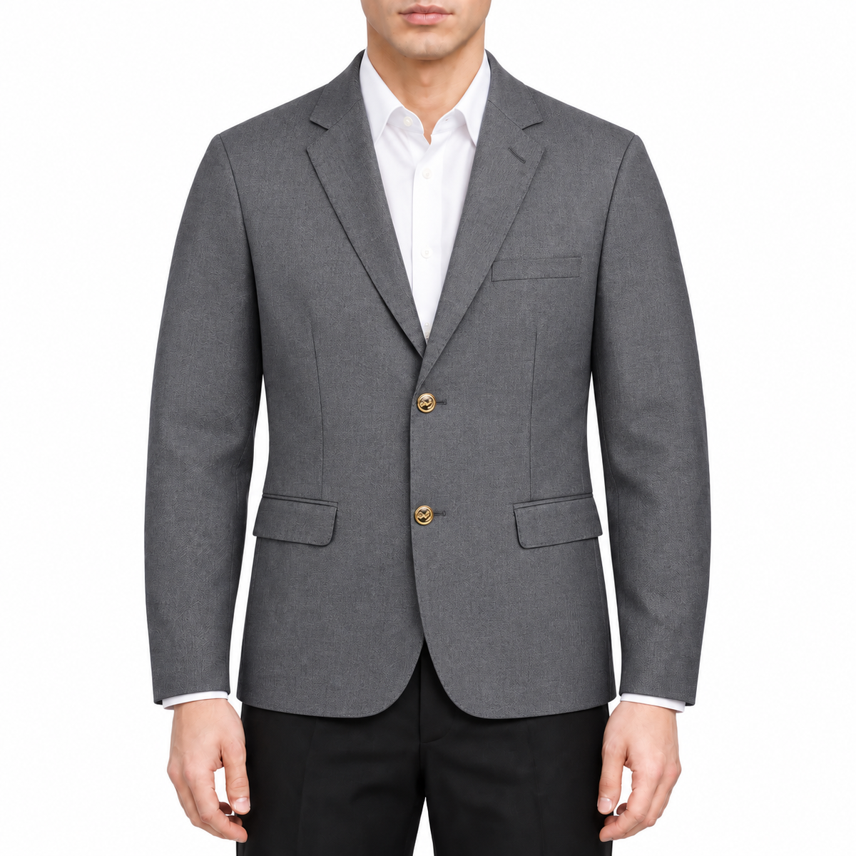 Casual Wool Suit Jacket - Front Zip Closure - Signature Detail by Thom Browne, modeled on a pure white background