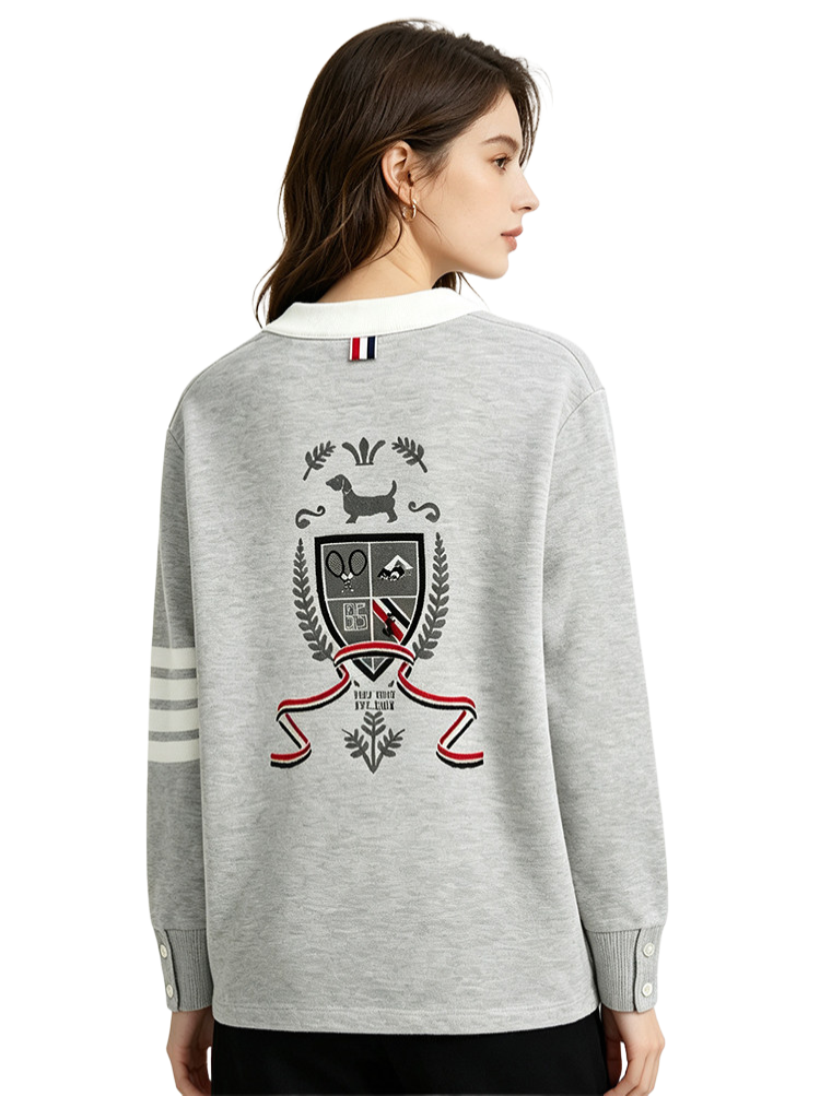 Intarsia Knit Cardigan — Unisex Four-Stripe Badge Sweater by Thom Browne, outerwear detail view