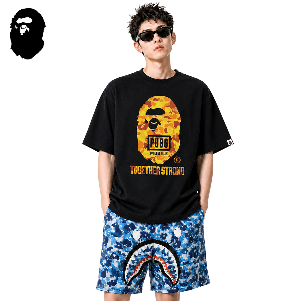 BAPE x PUBG Orange Camo Ape Head Men's T-Shirt - Black - Black streetwear model on pure white background