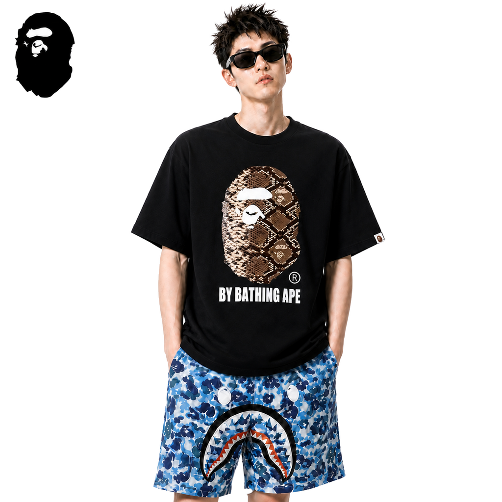 BAPE Snake Pattern Ape Head Men's T-Shirt - Black - Black streetwear model on pure white background
