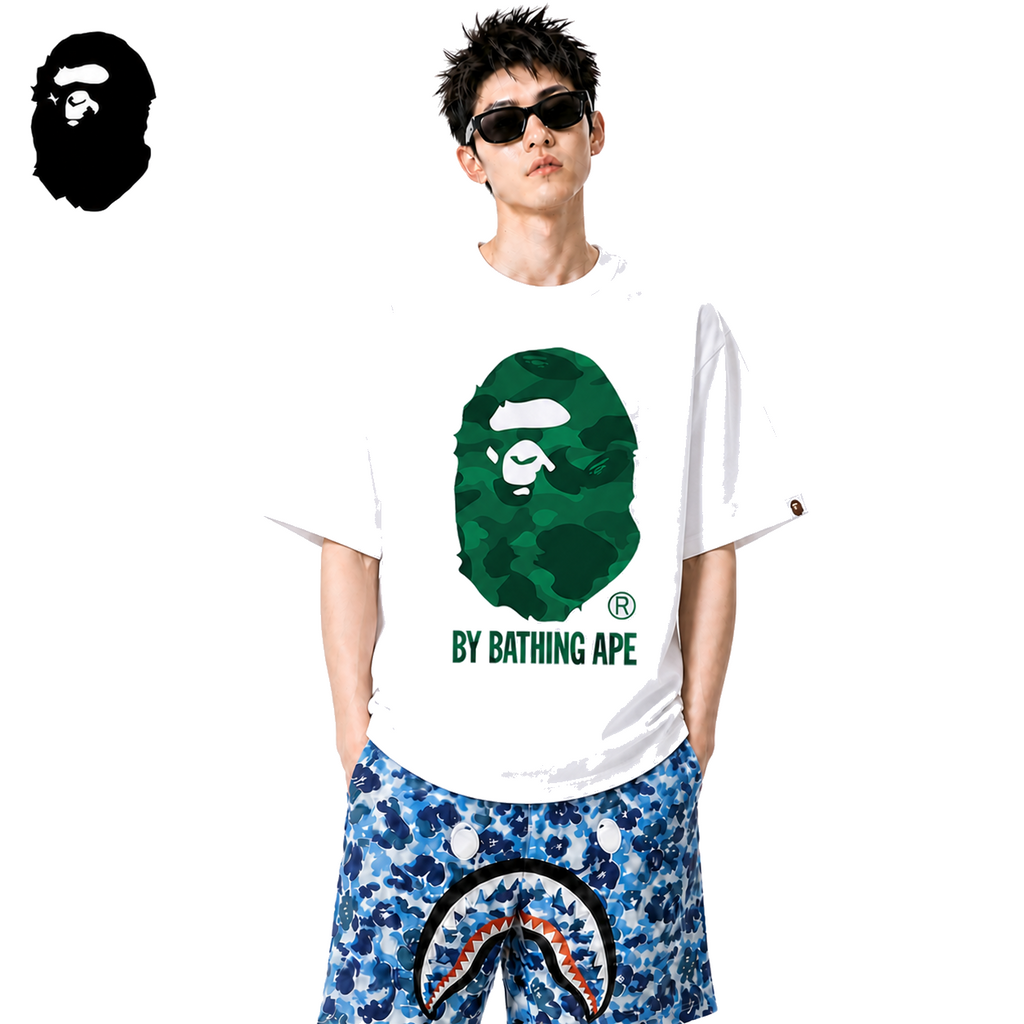 BAPE Green Camo By Bathing Ape Men's T-Shirt - White - White streetwear model on pure white background