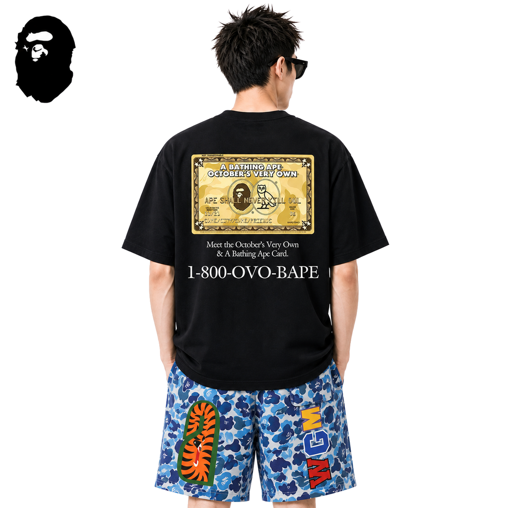 BAPE x OVO Card Back Print Men's T-Shirt - Black - Black streetwear model on pure white background