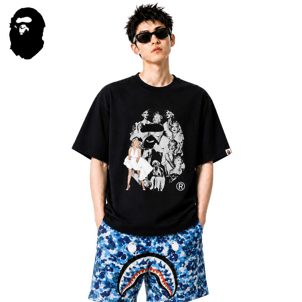 BAPE x Marilyn Monroe Ape Head Men's T-Shirt - Black - Black streetwear model on pure white background