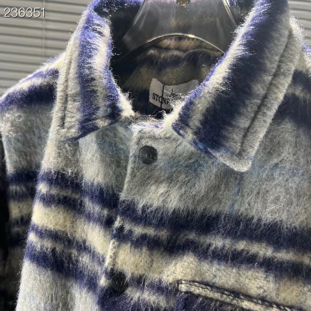 Stone Island Plaid Wool-Blend Compass Badge Lapel Coat - Khaki product detail view