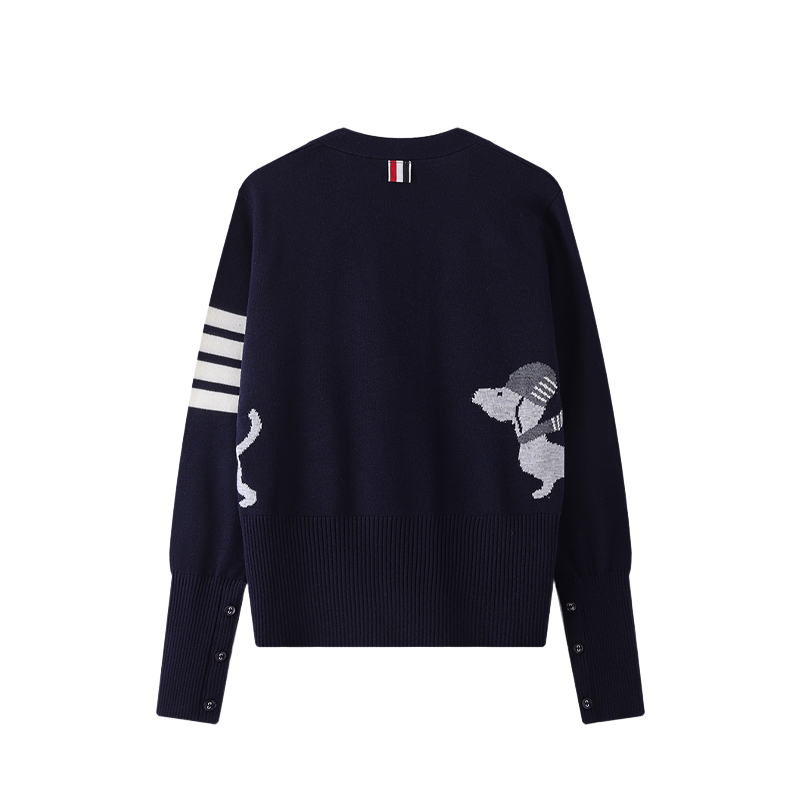 Unisex Puppy Cardigan by Thom Browne, knitwear detail view