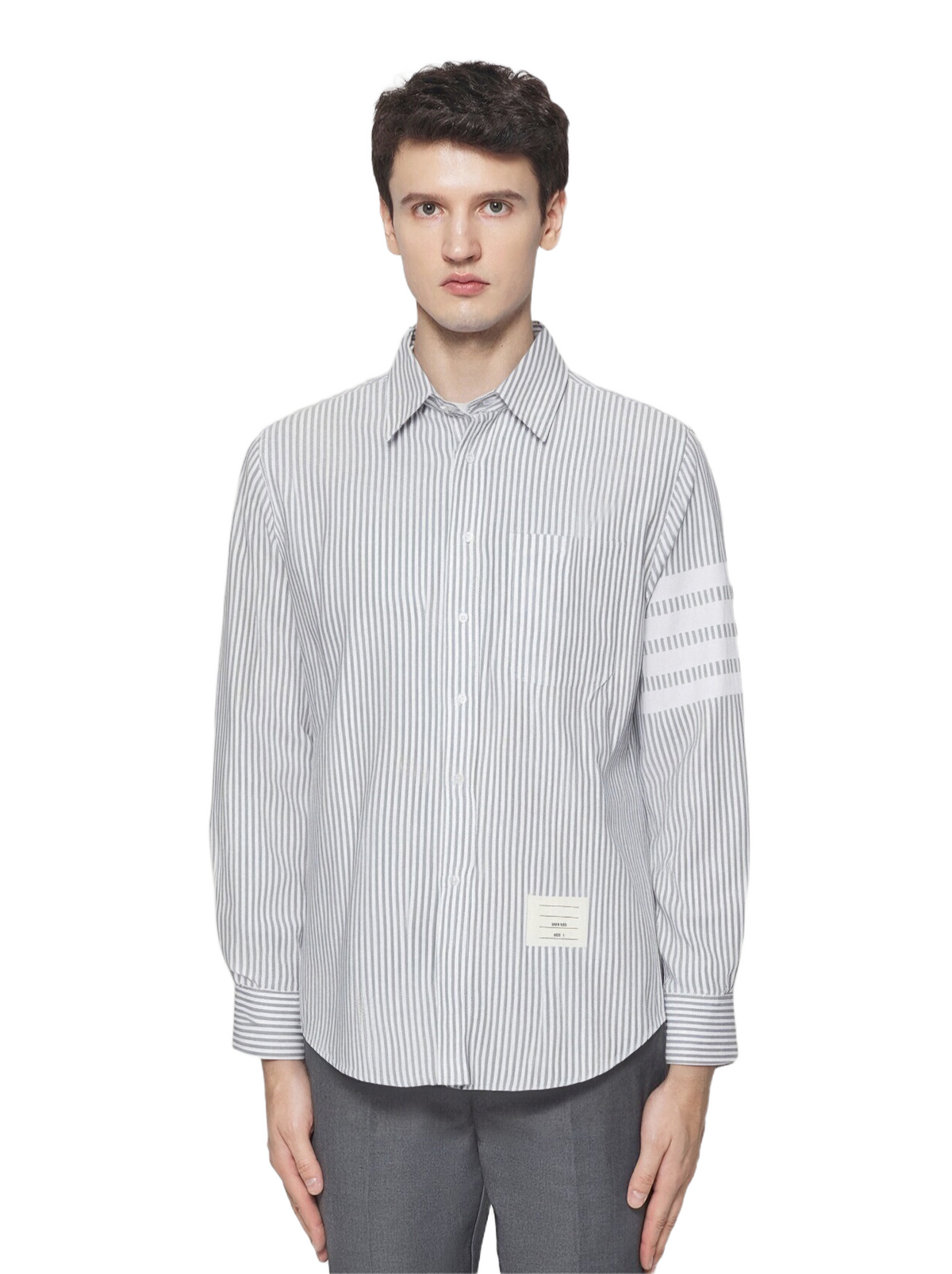 Men's Striped Long-Sleeve Shirt — Classic Button Collar by Thom Browne, shirt detail view