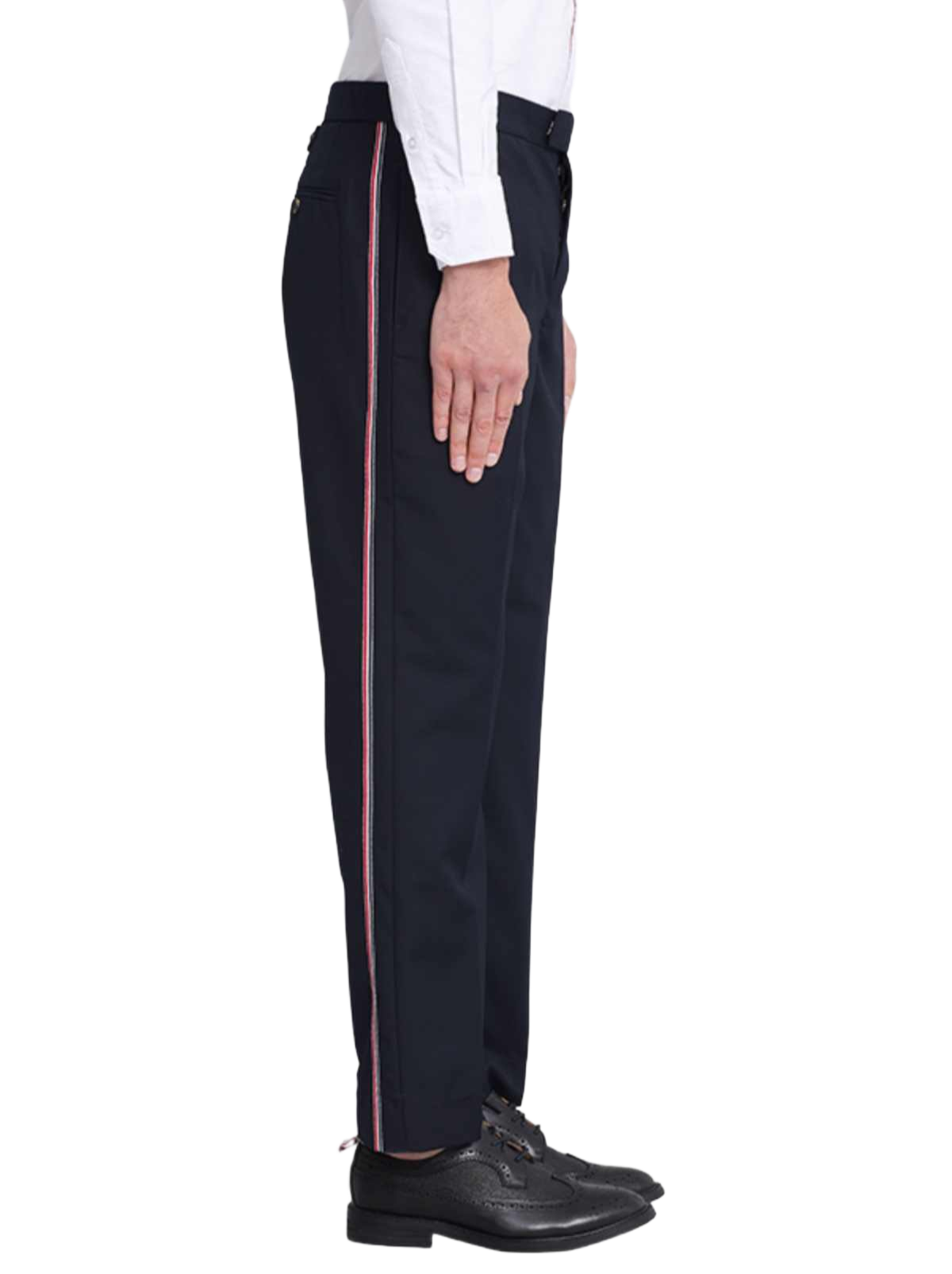 Thom Browne Style Men's Casual Trousers - 100% Wool with Adjustable Backstrap with Signature Four-Bar... - Image 4
