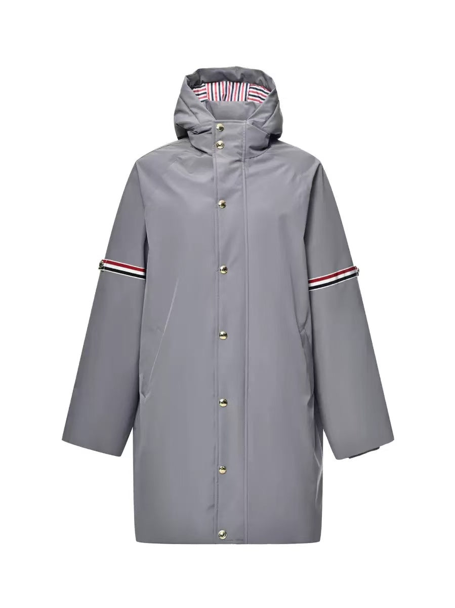 Unisex mid-length down jacket by Thom Browne, outerwear detail view