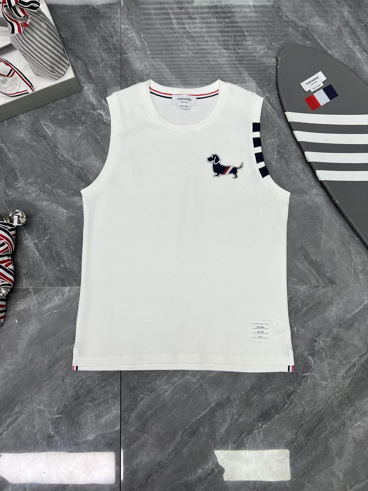 sleeveless T-shirt by Thom Browne, product detail view