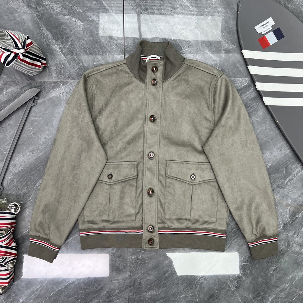 Thom Browne Men's Stand-Collar Button Jacket with Stripe Trim