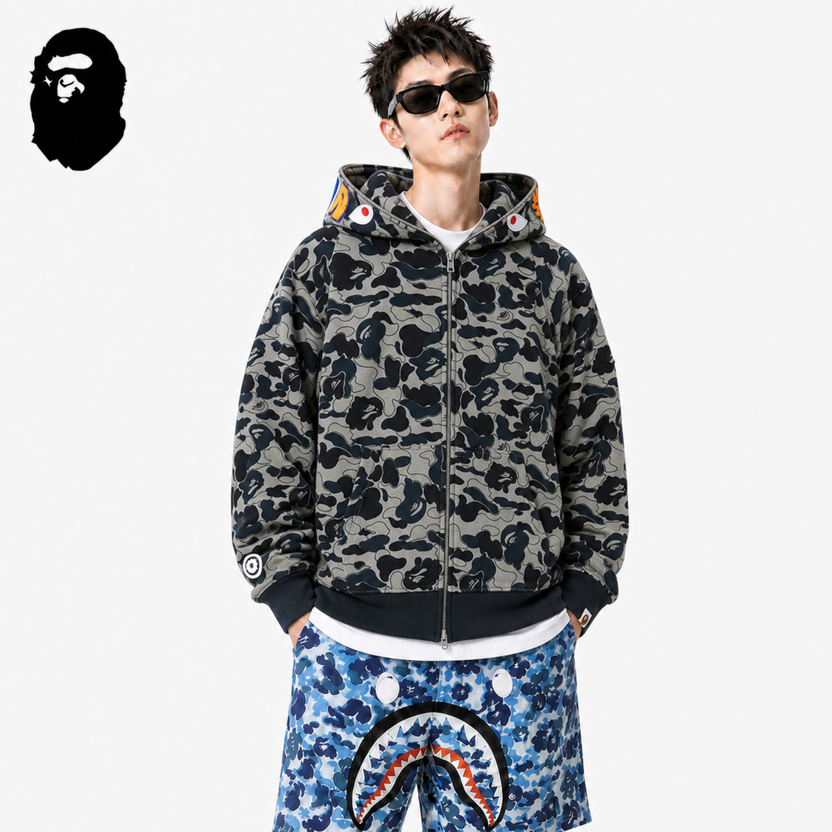 BAPE Camo Shark Hoodie - Grey Blue & Khaki styled on a male model