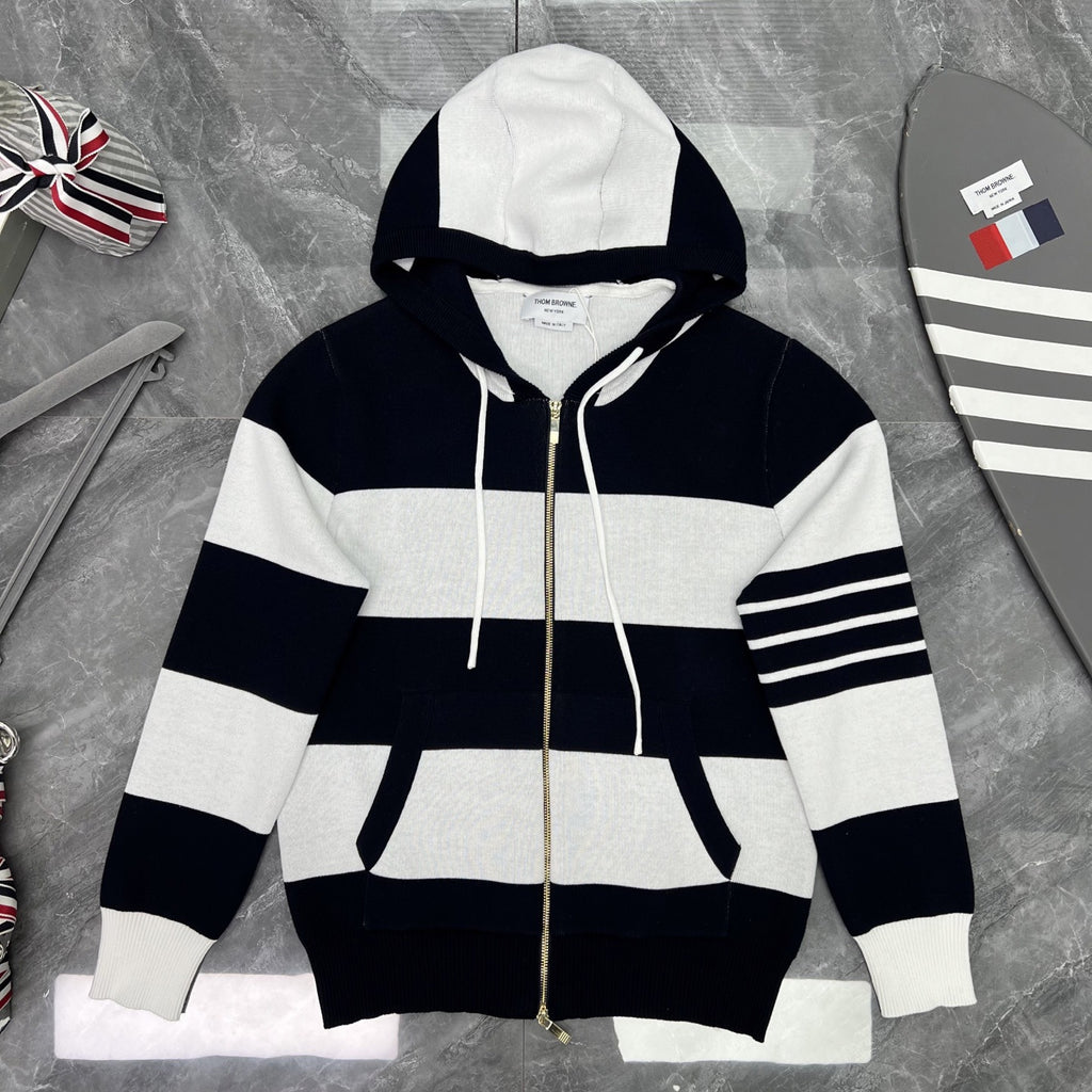 Thom Browne Style Striped Dog-Motif Zip-Up Knit Hoodie