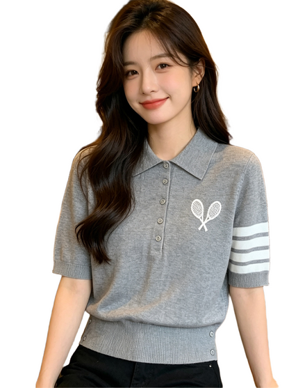 Women's Polo Knit Top – Tennis Racket Print THOM TREND