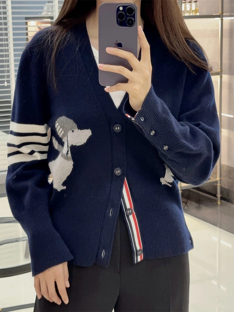 Unisex Puppy Cardigan by Thom Browne, knitwear detail view