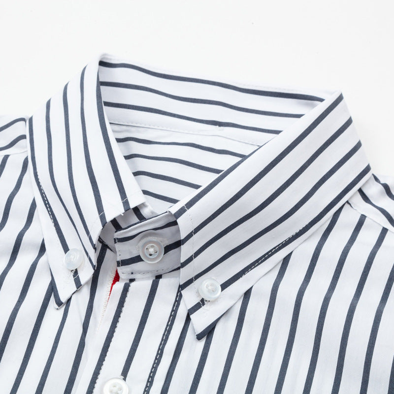 Classic Four-Bar Black & White Striped Patchwork Shirt - Premium Designer by Thom Browne, shirt detail view