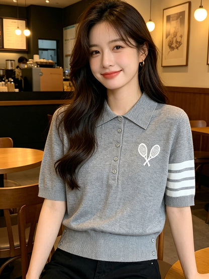 Women's Polo Knit Top – Tennis Racket Print THOM TREND