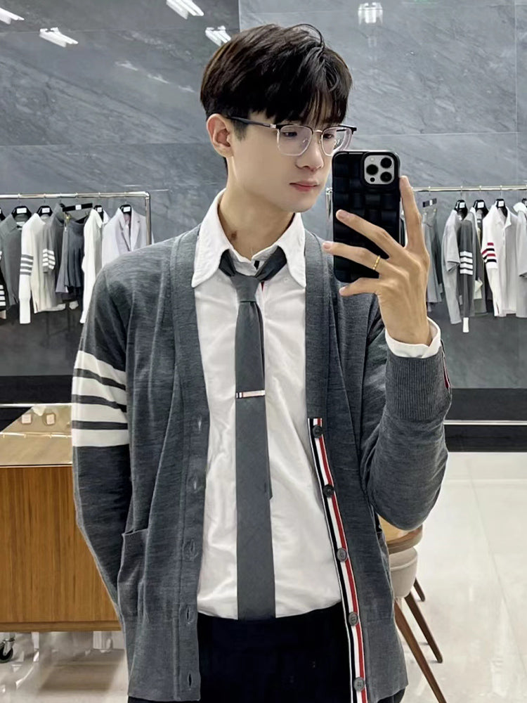 Unisex V-neck thin cardigan by Thom Browne, knitwear detail view