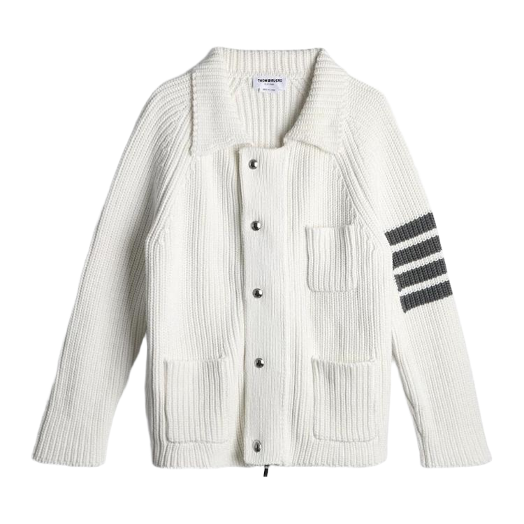Chunky knit cardigan by Thom Browne, outerwear detail view