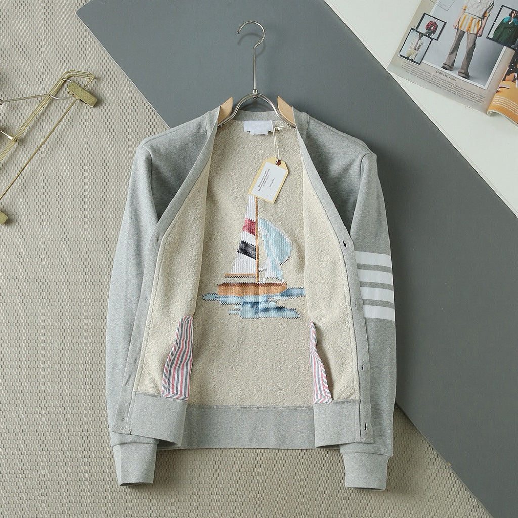 Thom Browne Unisex Sailboat V-Neck Cardigan with Four-Bar Stripes