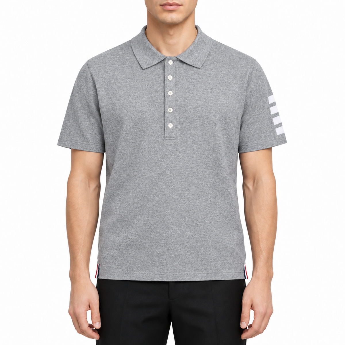 Four-bar sleeve T-shirt by Thom Browne, modeled on a pure white background