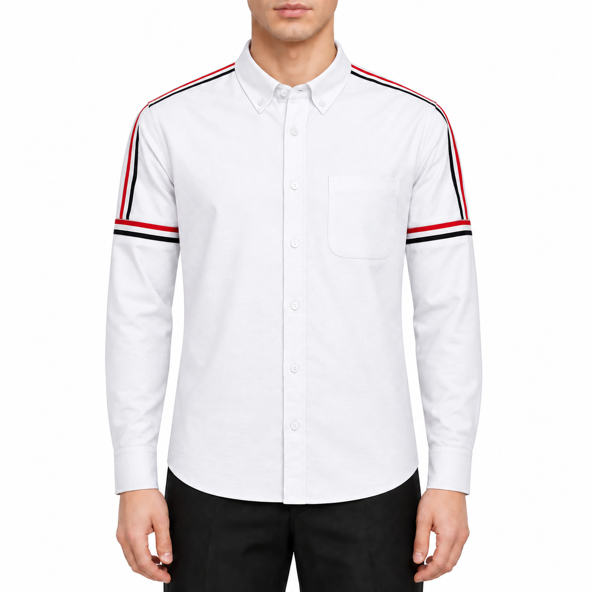 Classic Four-Bar Solid Dress Shirt by Thom Browne, modeled on a pure white background