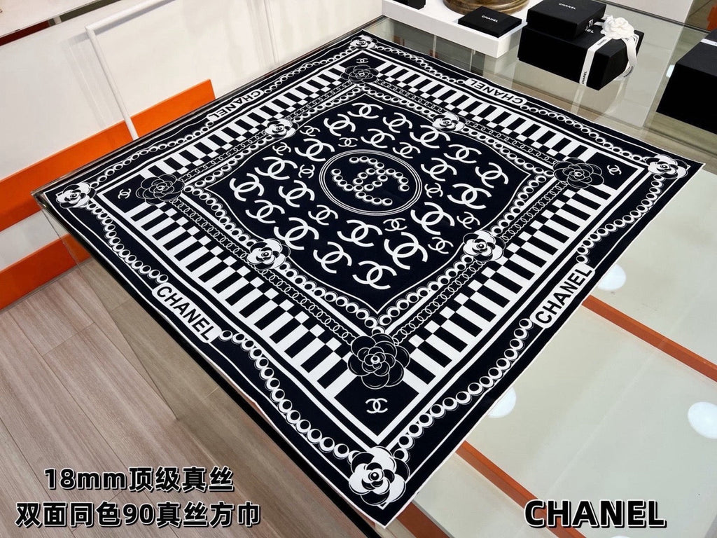 Chanel Style Camellia Chain Print Silk Scarf - Black White - Detail Image 2