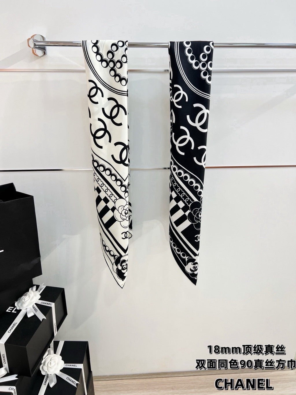 Chanel Style Camellia Chain Print Silk Scarf - Black White - Detail Image 3