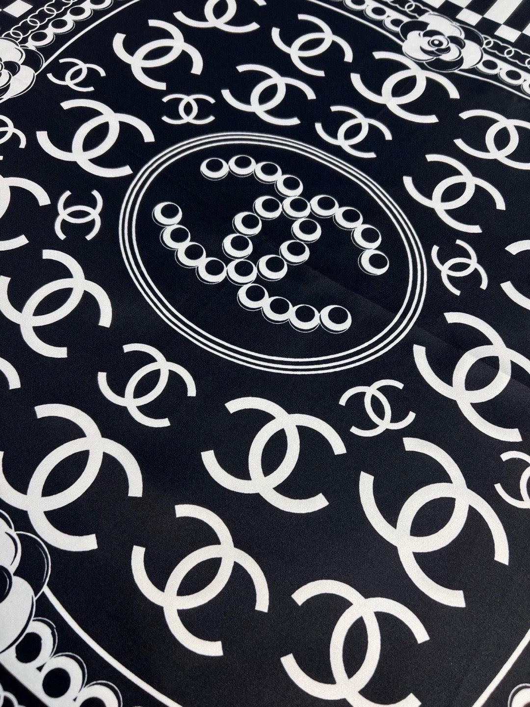 Chanel Style Camellia Chain Print Silk Scarf - Black White - Detail Image 10