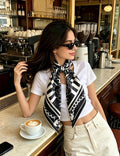 Chanel Style Camellia Chain Print Silk Scarf - Black White - Model Worn Main Image