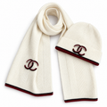 Chanel Style Ivory Rib-Knit Scarf and Beanie Set in Ivory