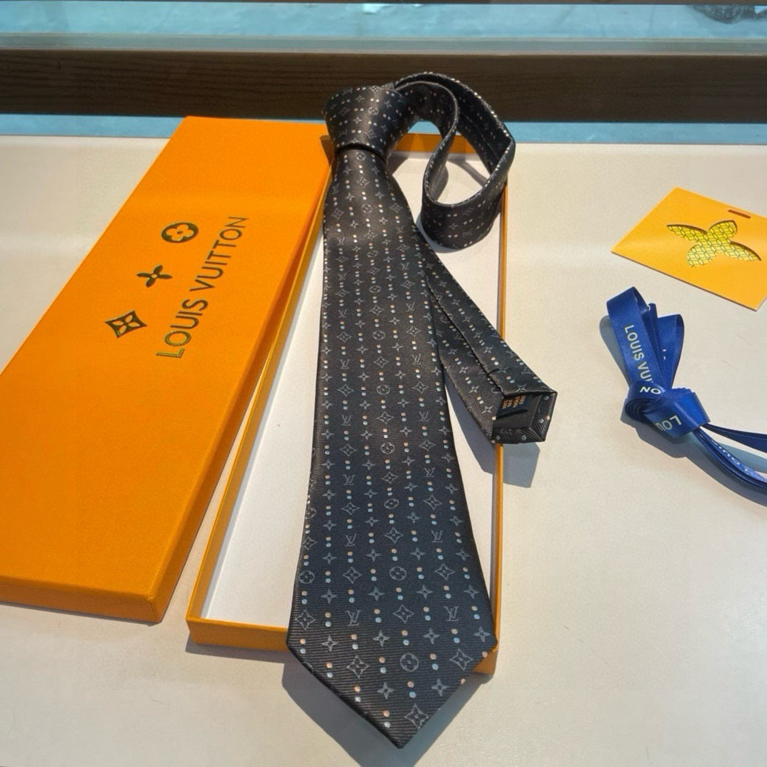 Louis Vuitton Style Men's Monogram Jacquard Silk Tie - Detail Image 7