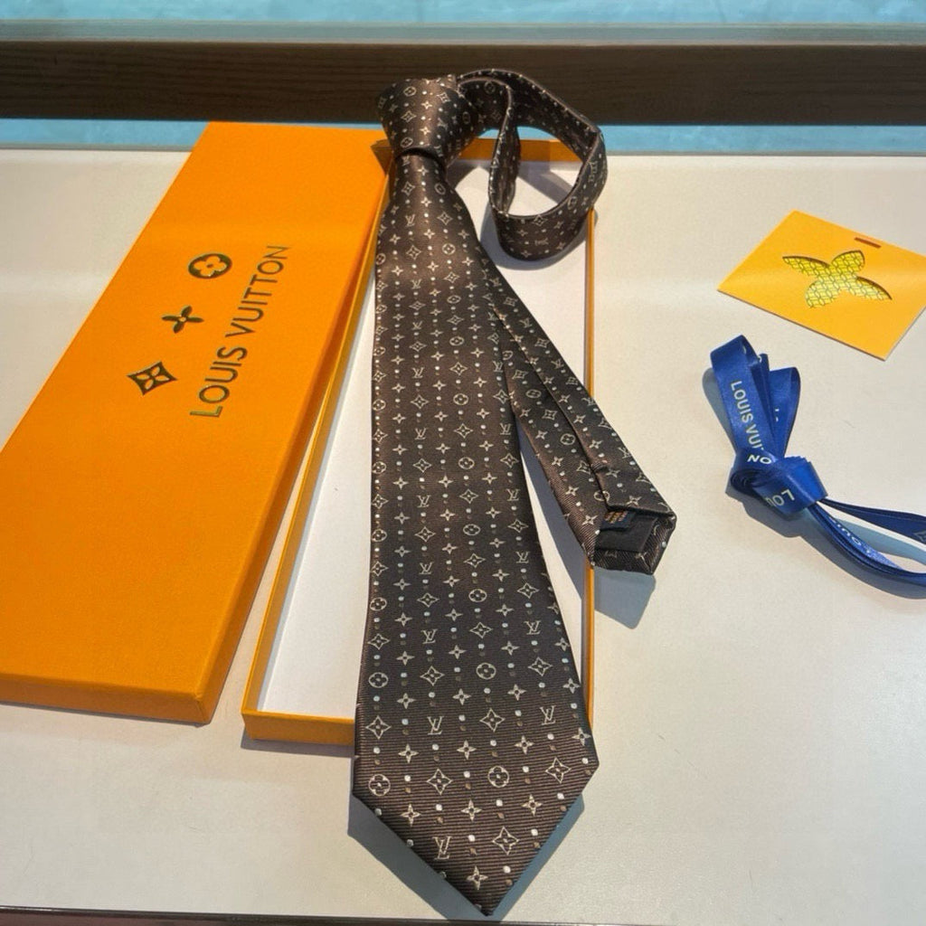 Louis Vuitton Style Men's Monogram Jacquard Silk Tie - Detail Image 9