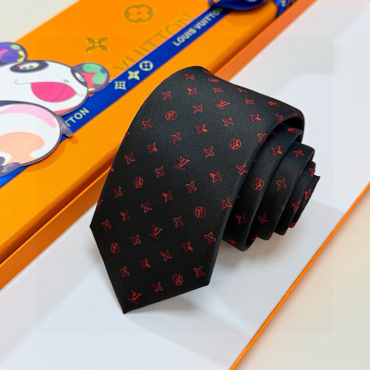 Louis Vuitton Style Men's Monogram Micro Pattern Silk Tie - Detail Image 4