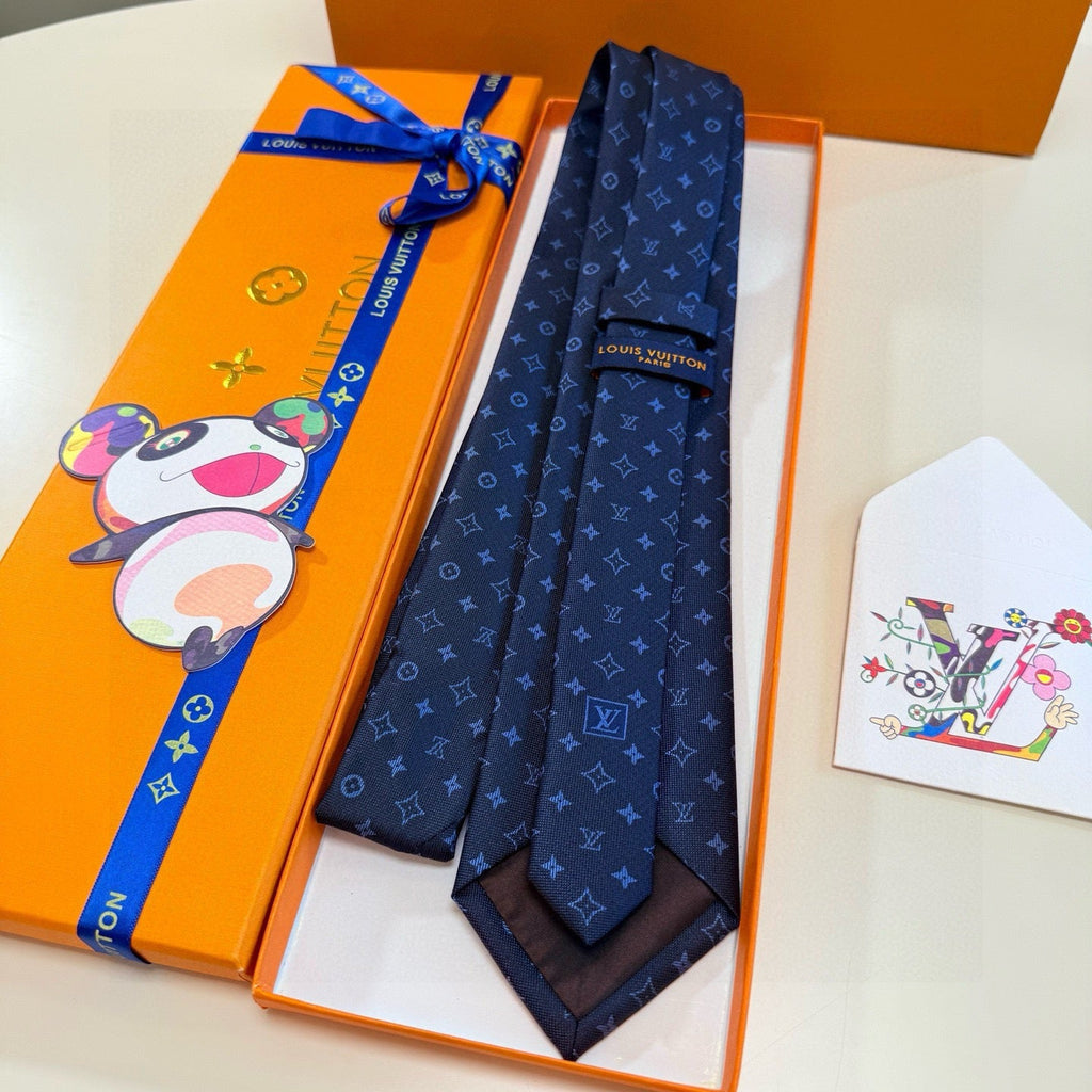 Louis Vuitton Style Men's Monogram Micro Pattern Silk Tie - Detail Image 7