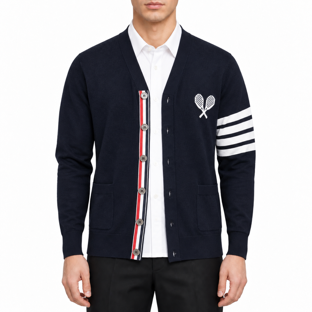 Tennis Racket Jacquard V-Neck Knit Cardigan by Thom Browne, modeled on a pure white background