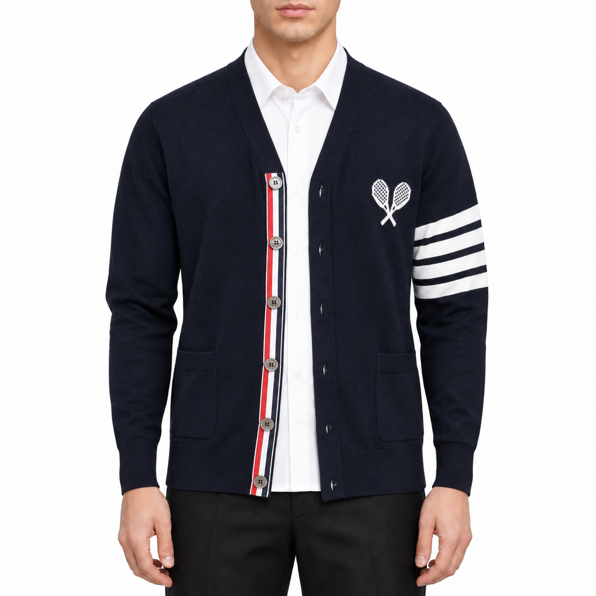 Tennis Racket Jacquard V-Neck Knit Cardigan by Thom Browne, modeled on a pure white background