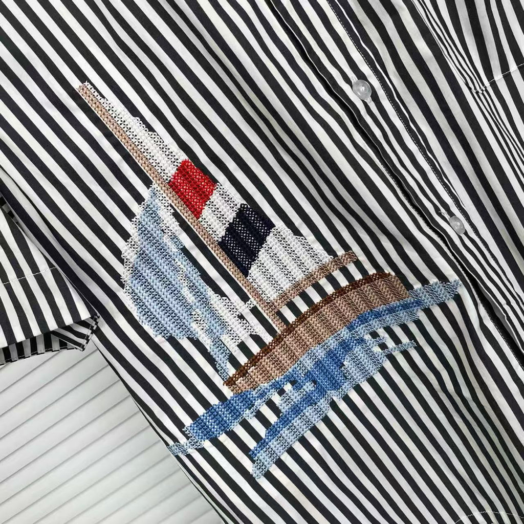 Striped Sailboat Embroidered Shirt — Unisex Short-Sleeve by Thom Browne, shirt detail view