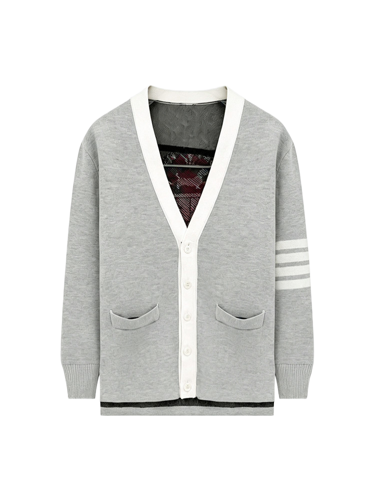 Intarsia Knit Cardigan — Unisex Four-Stripe Badge Sweater by Thom Browne, outerwear detail view