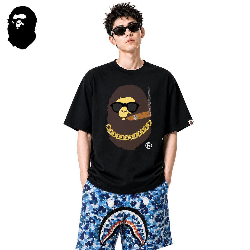 BAPE Los Angeles Smoking Ape Head Men's T-Shirt - Black - Black streetwear model on pure white background