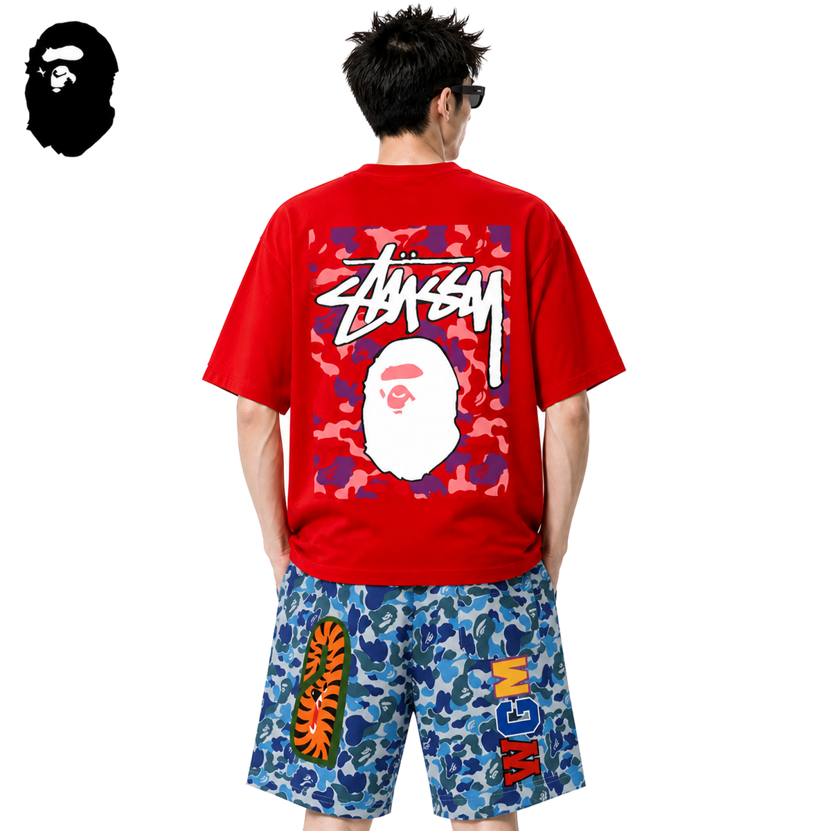 BAPE x Stussy Pink Camo Back Print Men's T-Shirt - Red - Red streetwear model on pure white background