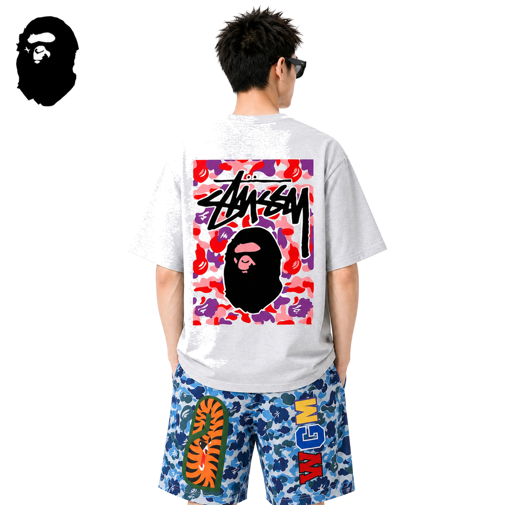 BAPE x Stussy Red Camo Back Print Men's T-Shirt - Gray - Gray streetwear model on pure white background