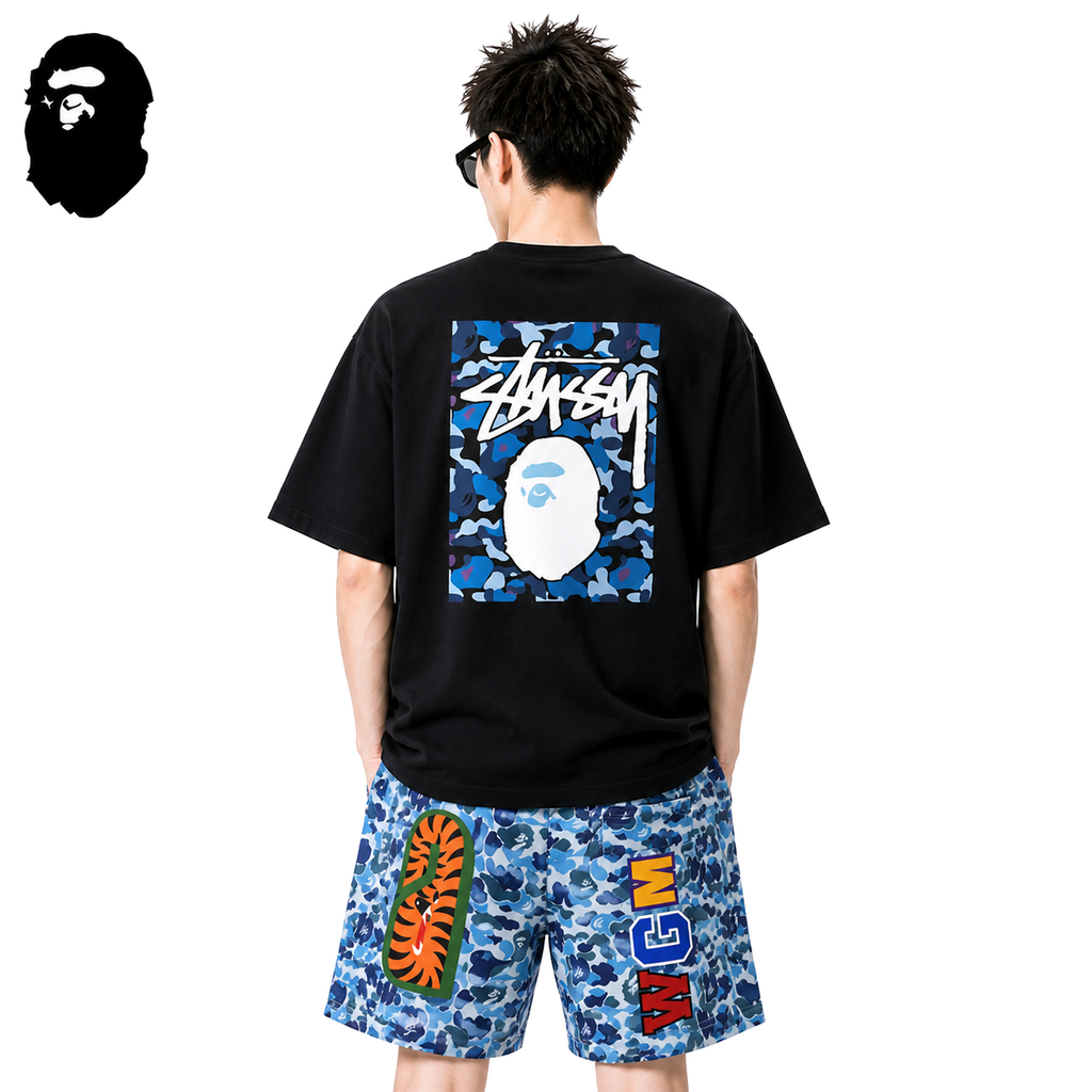 BAPE x Stussy Blue Camo Back Print Men's T-Shirt - Black - Black streetwear model on pure white background